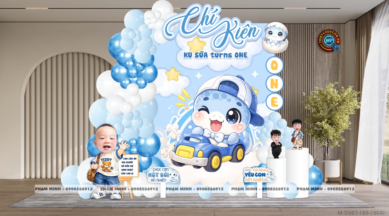 File thiết kế sinh nhật bé trai 1 tuổi rắn tỵ decor trang trí bong bóng tone xanh da trời cute dễ thương đáng yêu