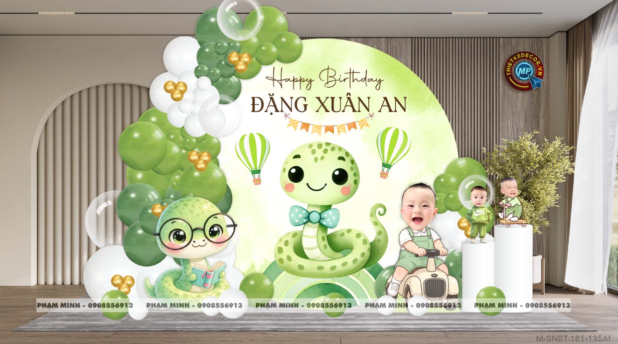 File thiết kế sinh nhật bé trai 1 tuổi rắn tỵ decor trang trí bong bóng tone xanh lá cute dễ thương đáng yêu