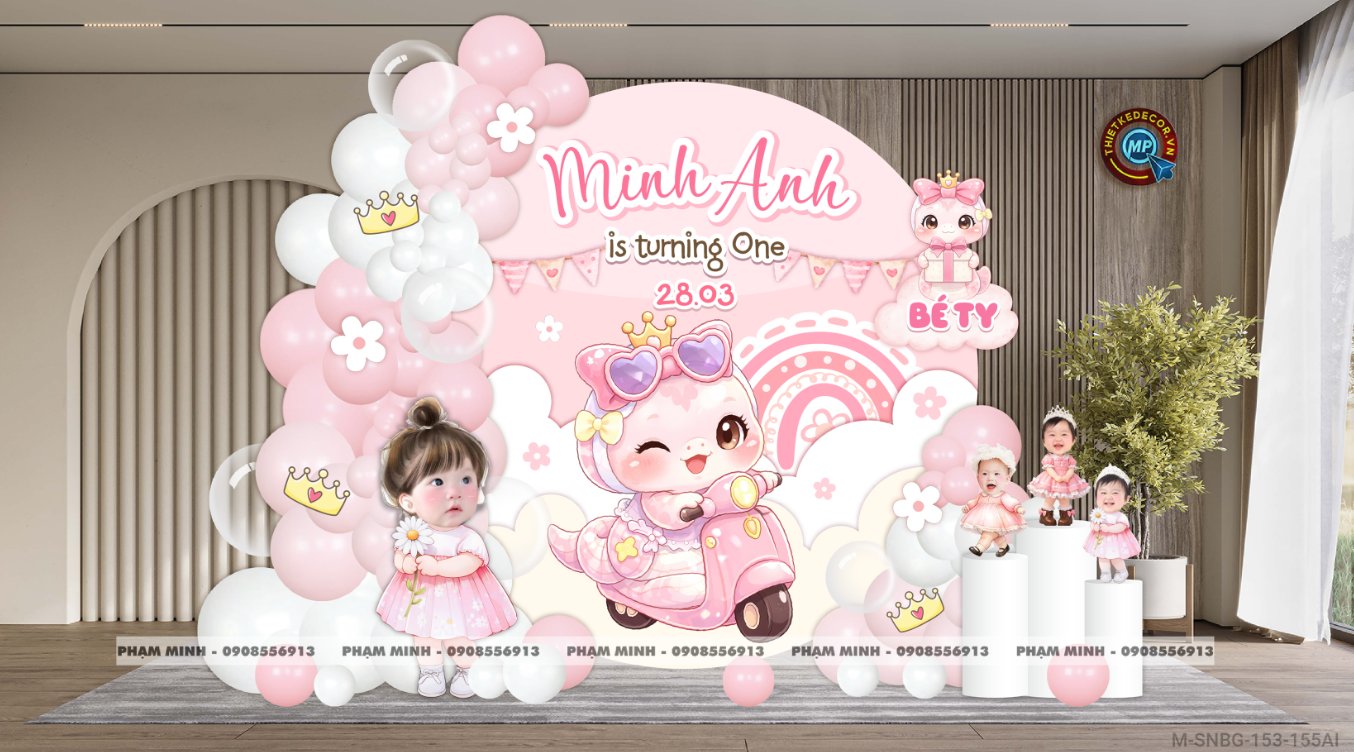 File thiết kế sinh nhật bé gái 1 tuổi rắn tỵ tone hồng decor trang trí bong bóng đáng yêu dễ thương sang trọng