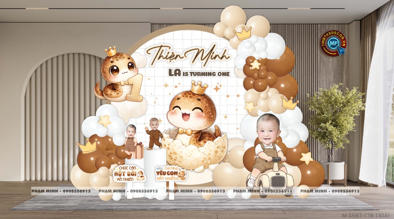 File thiết kế sinh nhật bé trai 1 tuổi rắn tỵ decor trang trí bong bóng chibi tone nâu cute dễ thương đáng yêu