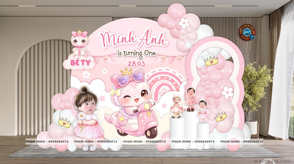 File thiết kế sinh nhật bé gái 1 tuổi rắn tỵ tone hồng decor trang trí bong bóng đáng yêu dễ thương sang trọng
