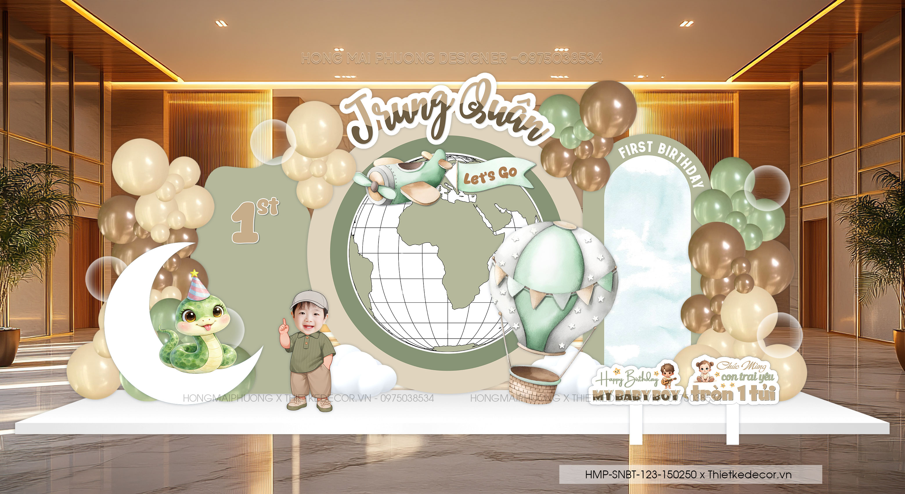 File thiết kế trang trí decor sinh nhật- thôi nôi bé trai đáng yêu cute tuổi rắn tone xanh lá