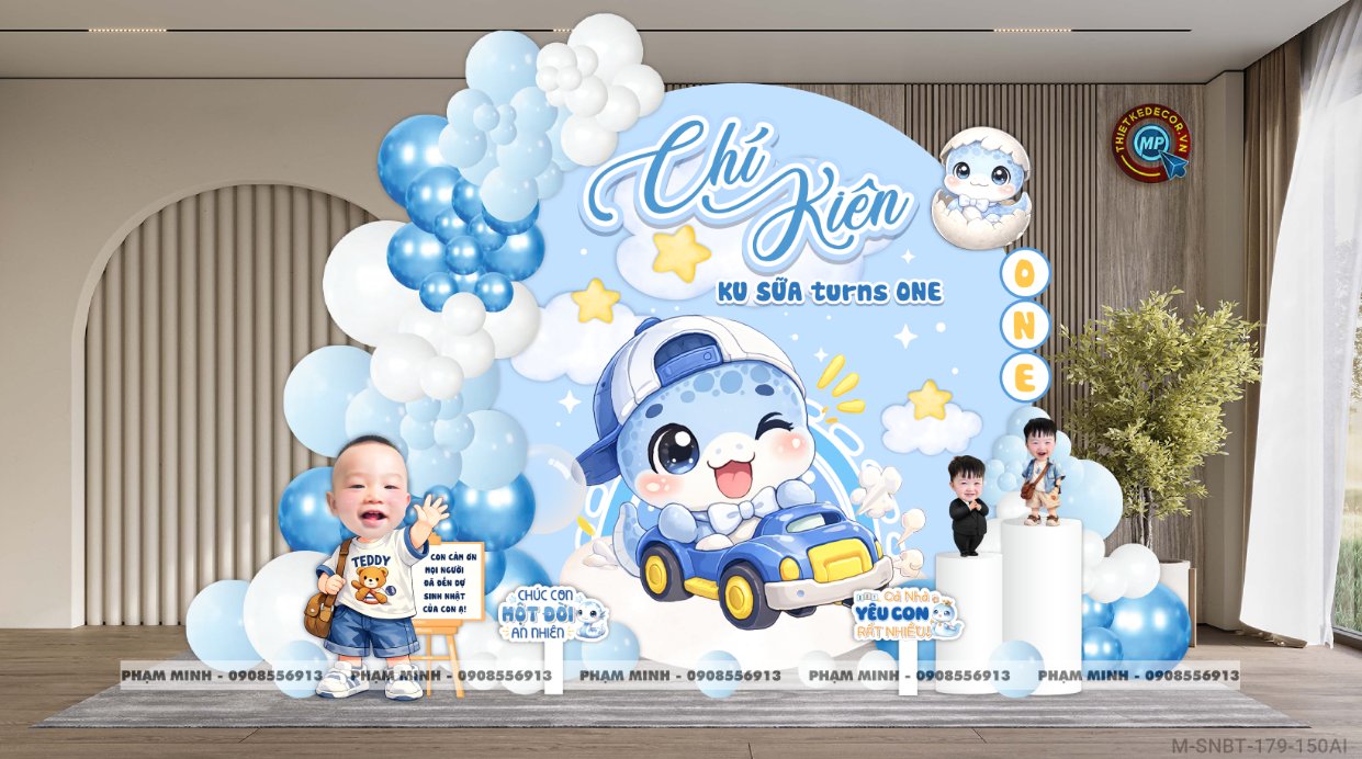 File thiết kế sinh nhật bé trai 1 tuổi rắn tỵ decor trang trí bong bóng tone xanh da trời cute dễ thương đáng yêu