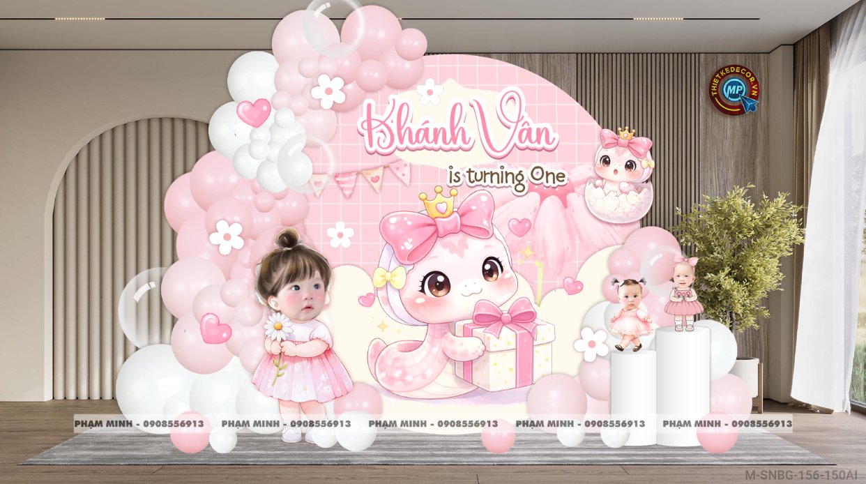 File thiết kế sinh nhật bé gái 1 tuổi rắn tỵ tone hồng decor trang trí bong bóng đáng yêu dễ thương sang trọng