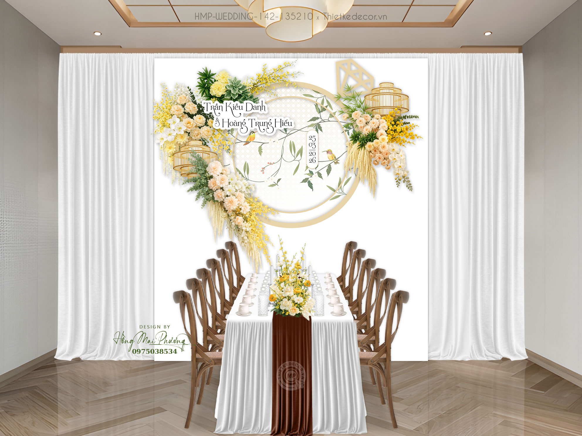 File thiết kế Gia tiên, trang trí tiệc cưới đẹp tone vàng họa tiết chim cành