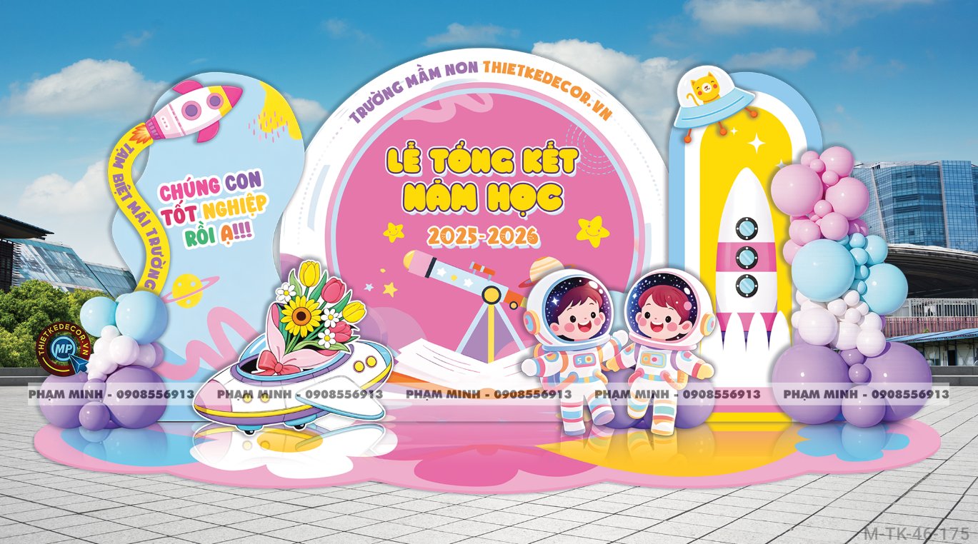 File thiết kế decor trang trí lễ tổng kết năm học tiểu cảnh trang trí bong bóng chụp ảnh kỷ yếu cho các bé trường mầm non, tiểu học chủ đề phi hành gia