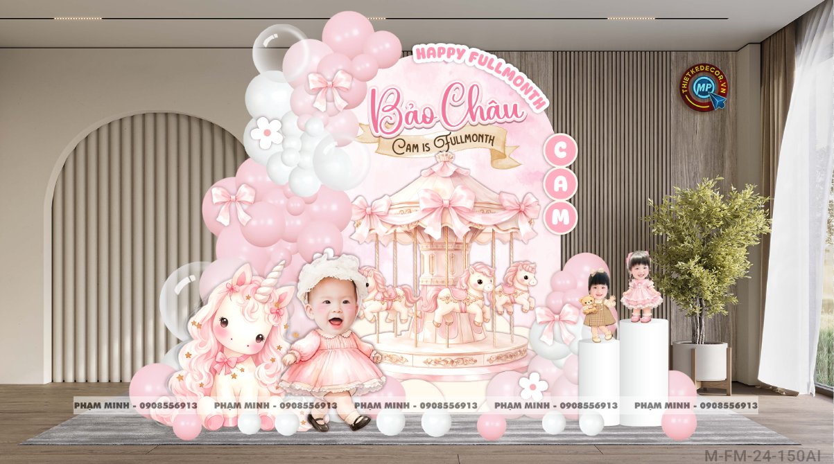 File thiết kế sinh nhật đầy tháng tuổi ngựa ngọ tone hồng decor trang trí bong bóng đáng yêu dễ thương sang trọng