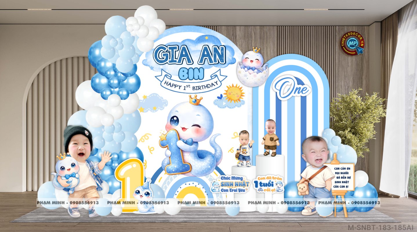 File thiết kế sinh nhật bé trai 1 tuổi rắn tỵ decor trang trí bong bóng tone xanh da trời cute dễ thương đáng yêu