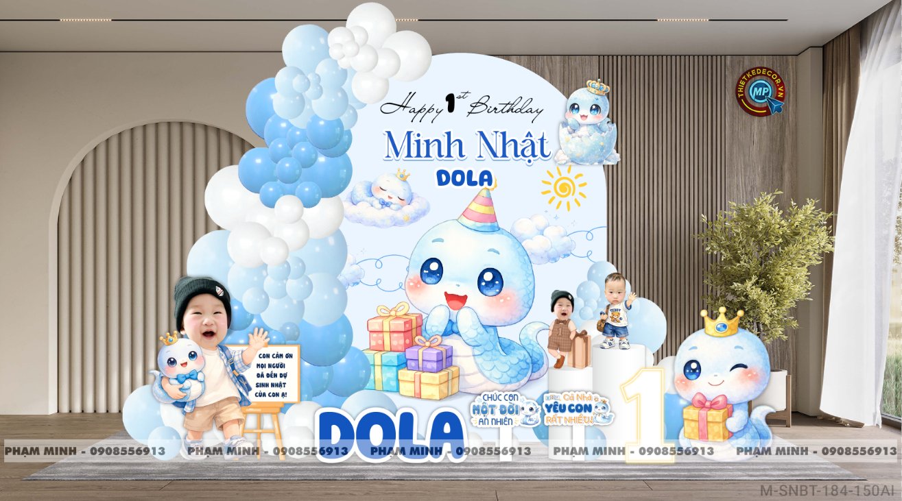 File thiết kế sinh nhật bé trai 1 tuổi rắn tỵ decor trang trí bong bóng tone xanh da trời cute dễ thương đáng yêu