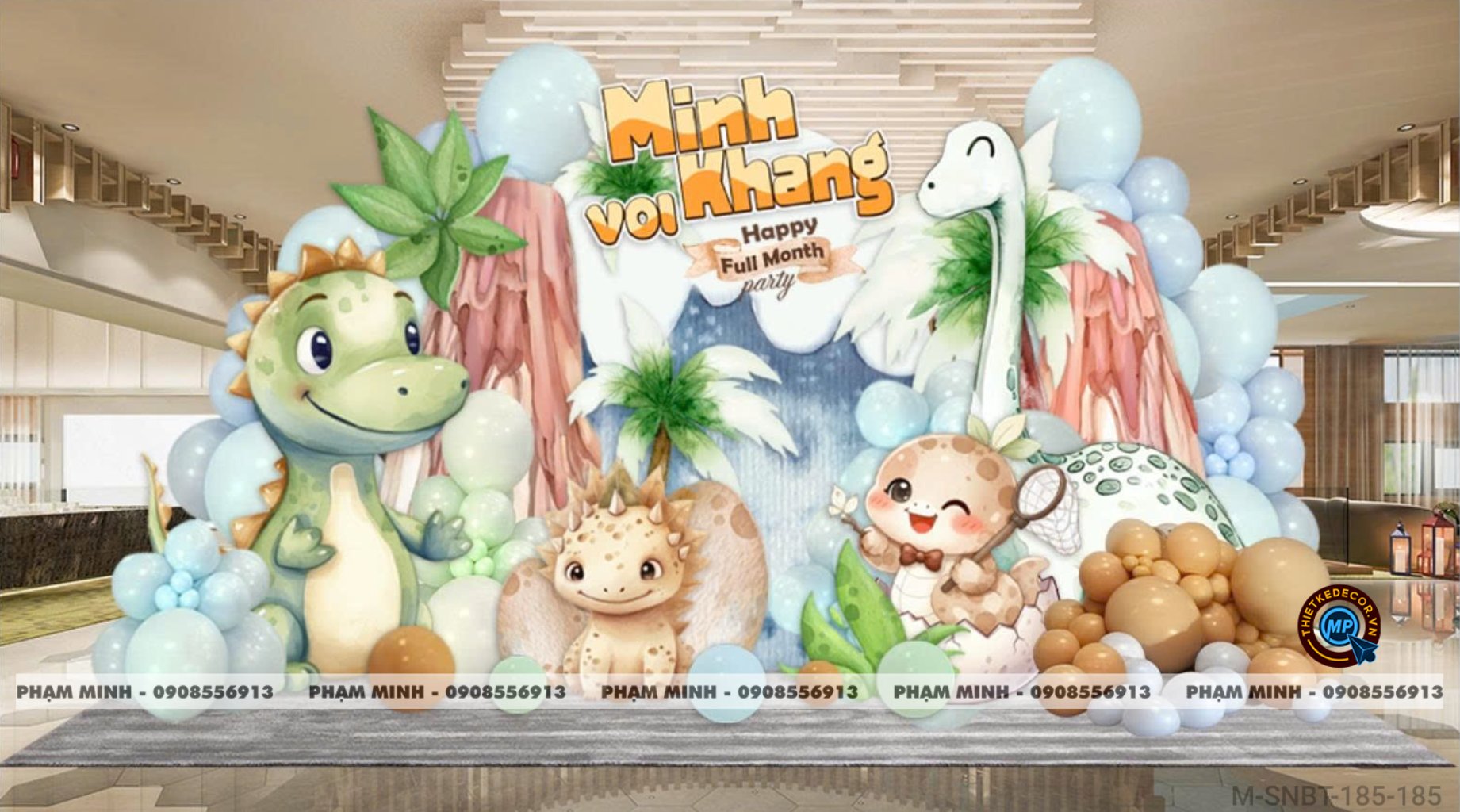 File thiết kế sinh nhật bé trai 1 tuổi rắn tỵ chủ đề khủng long tone xanh mix nâu cute đáng yêu sang trọng.