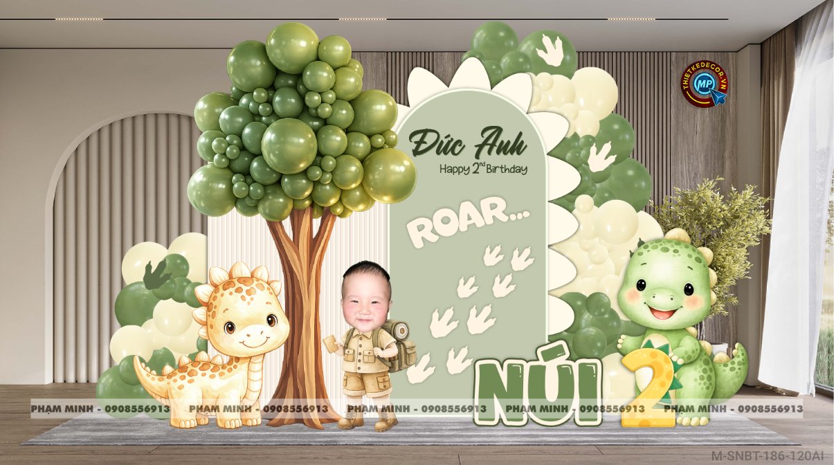 File thiết kế sinh nhật bé trai chủ đề khủng long tone màu xanh lá mix vàng cute đáng yêu dễ thương sang trọng trang trí decor bong bóng