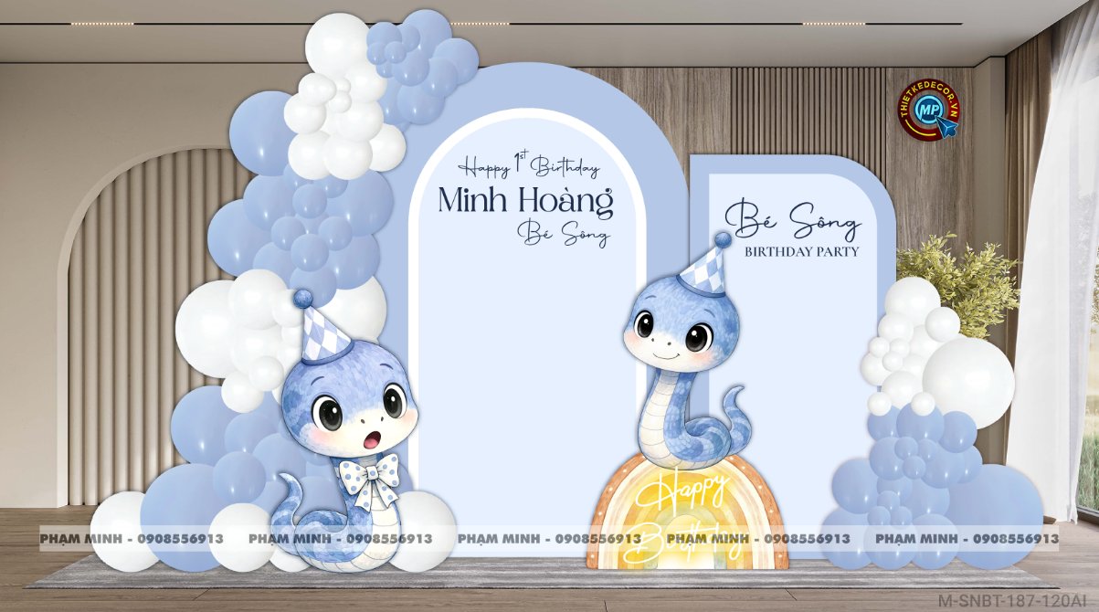 File thiết kế sinh nhật bé trai 1 tuổi rắn tỵ decor trang trí bong bóng tone xanh da trời cute dễ thương đáng yêu
