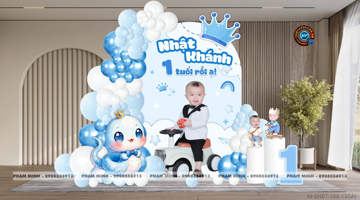 File thiết kế sinh nhật bé trai 1 tuổi rắn tỵ decor trang trí bong bóng tone xanh da trời cute dễ thương đáng yêu