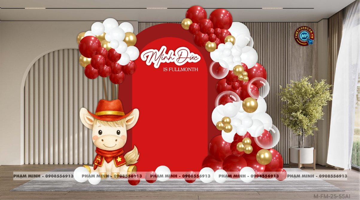 File thiết kế sinh nhật đầy tháng tuổi ngựa ngọ tone đỏ decor trang trí bong bóng đáng yêu dễ thương sang trọng