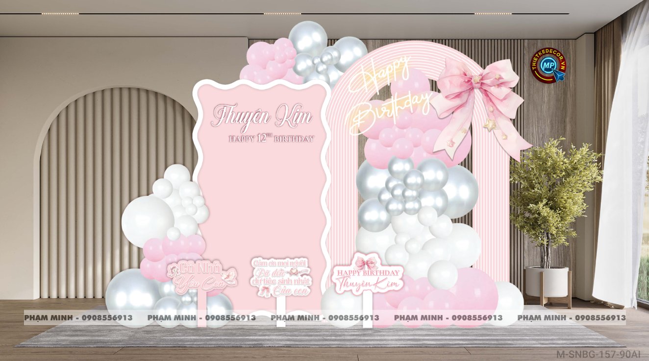 File thiết kế sinh nhật bé gái lớn tuổi tone hồng decor trang trí bong bóng đáng yêu dễ thương sang trọng
