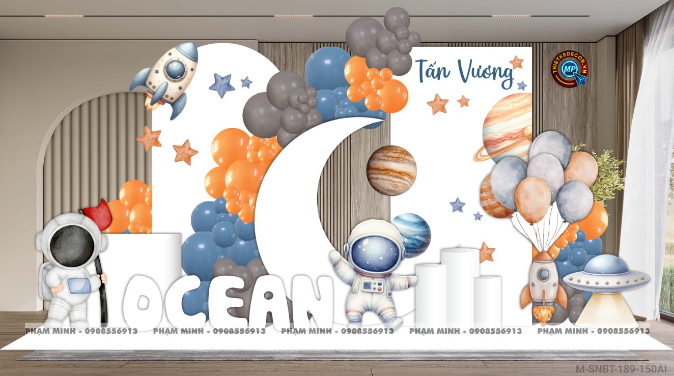 File thiết kế sinh nhật bé trai chủ đề phi hành gia decor trang trí bong bóng sang trọng dễ thương đáng yêu