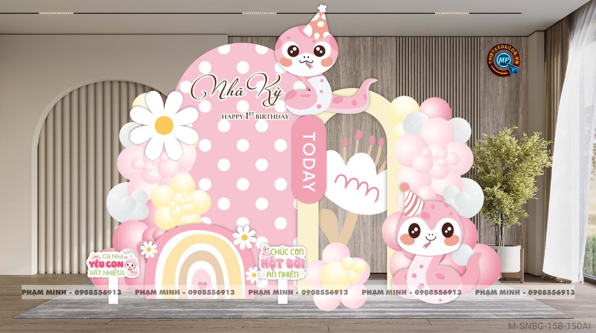 File thiết kế sinh nhật bé gái 1 tuổi rắn tỵ tone hồng decor trang trí bong bóng đáng yêu dễ thương sang trọng