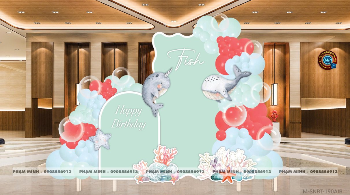 File thiết kế sinh nhật bé trai chủ đề biển cả ocean trang trí decor bong bóng sang trọng cute dễ thương đáng yêu