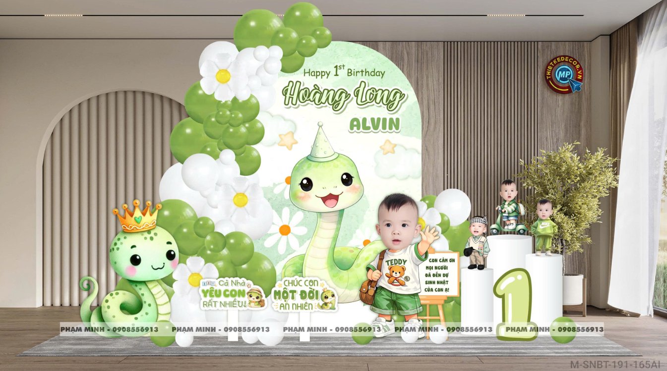 File thiết kế sinh nhật bé trai 1 tuổi rắn tỵ decor trang trí bong bóng tone xanh da lá cute dễ thương đáng yêu