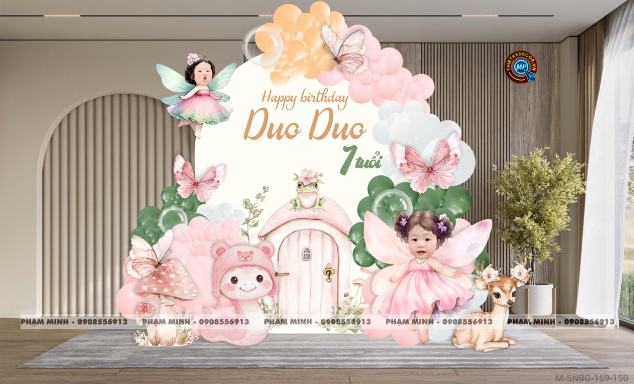 File thiết kế sinh nhật bé gái 1 tuổi rắn tỵ tone hồng chủ đề tiên bướm decor trang trí bong bóng đáng yêu dễ thương sang trọng