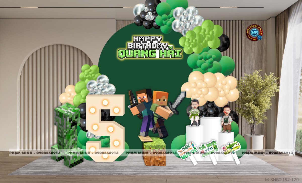 File thiết kế sinh nhật bé trai chủ đề minecraft trang trí decor bong bóng sang trọng cute dễ thương đáng yêu