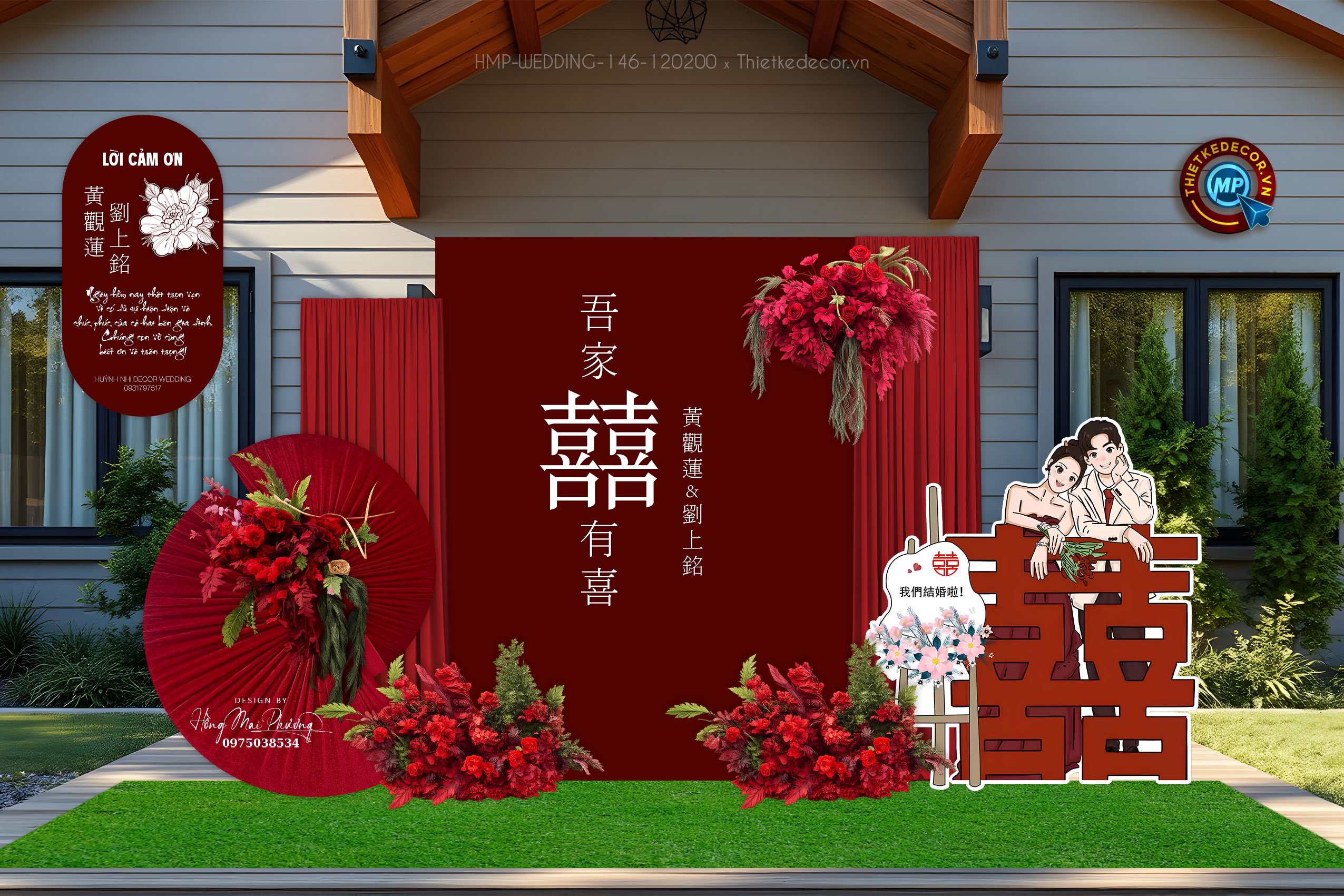 Backdrop check in tiệc cưới tone đỏ styke Trung Hoa sang trọng kèm chữ Hỷ đỏ