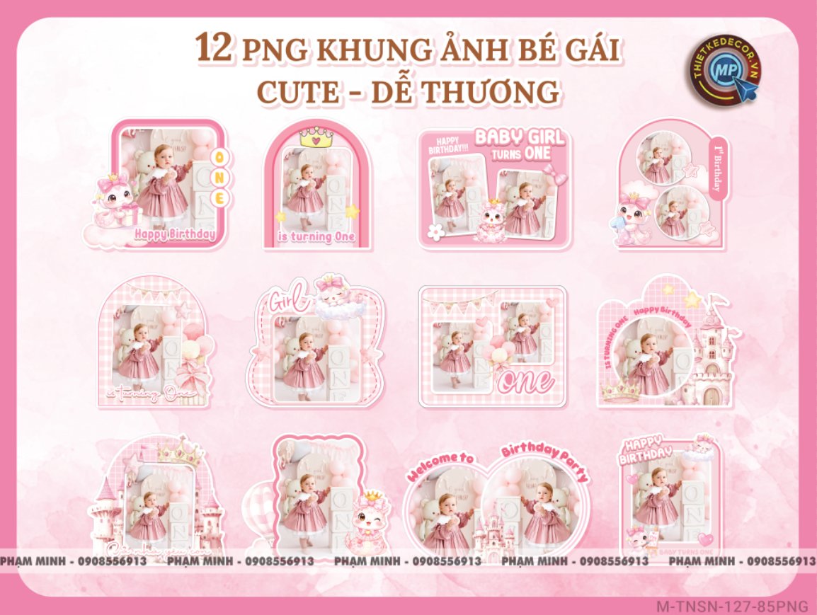 12 PNG Khung ảnh PNG Sẵn dùng chèn ảnh bé gái sinh nhật 1 tuổi rắn tỵ tone hồng cute dễ thương đáng yêu
