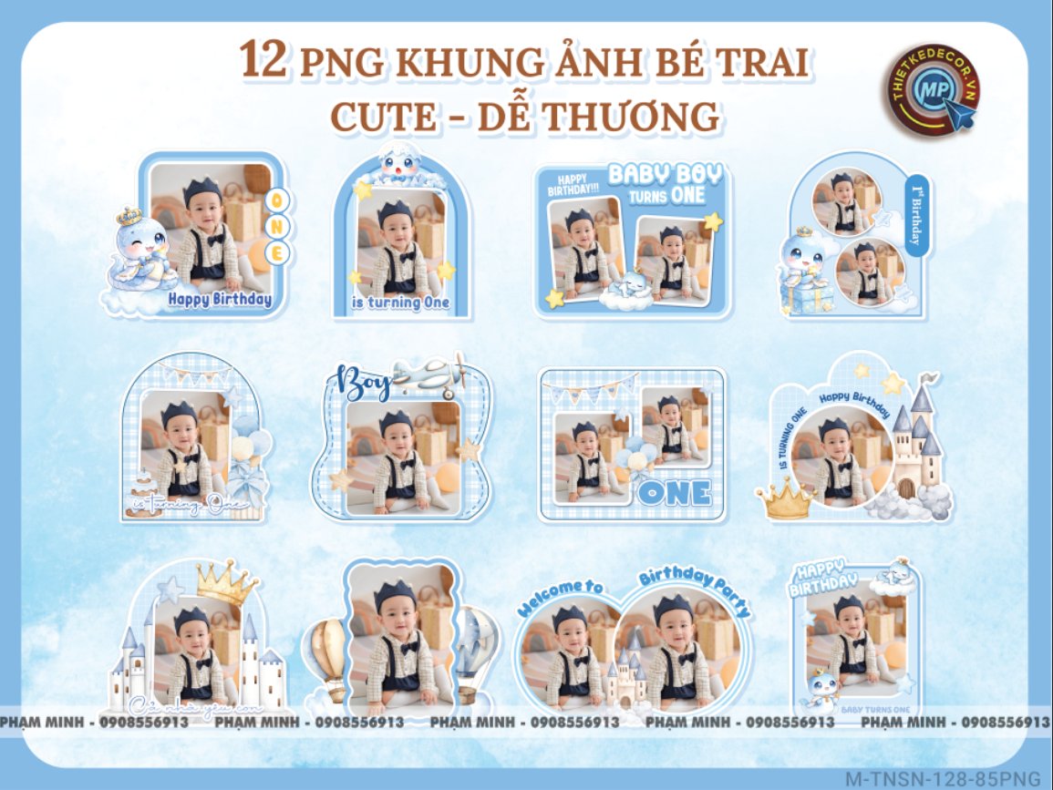 12 PNG Khung ảnh PNG Sẵn dùng chèn ảnh bé trai sinh nhật 1 tuổi rắn tỵ tone xanh da trời cute dễ thương đáng yêu