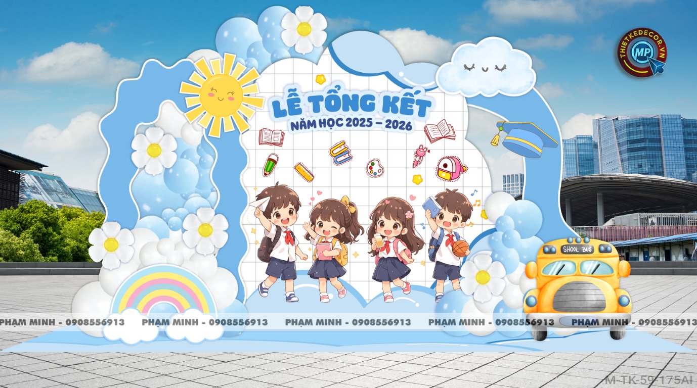 File thiết kế decor trang trí lễ tổng kết năm học tiểu cảnh trang trí bong bóng chụp ảnh kỷ yếu cho các bé trường mầm non, tiểu học dễ thương sang trọng đáng yêu tone xanh da trời