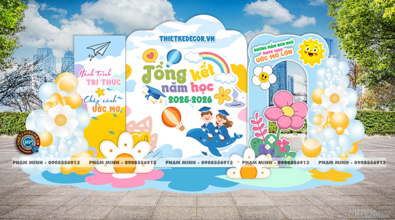 File thiết kế decor trang trí lễ tổng kết năm học tiểu cảnh trang trí bong bóng chụp ảnh kỷ yếu cho các bé trường mầm non, tiểu học dễ thương sang trọng đáng yêu tone xanh da trời