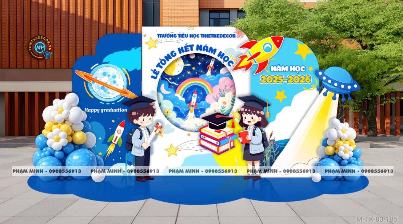 File thiết kế decor trang trí lễ tổng kết năm học tiểu cảnh trang trí bong bóng chụp ảnh kỷ yếu cho các bé trường mầm non, tiểu học dễ thương sang trọng đáng yêu tone xanh da trời