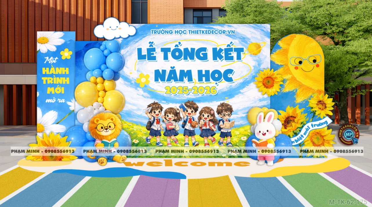 File thiết kế decor trang trí lễ tổng kết năm học tiểu cảnh trang trí bong bóng chụp ảnh kỷ yếu cho các bé trường mầm non, tiểu học dễ thương sang trọng đáng yêu tone xanh da trời