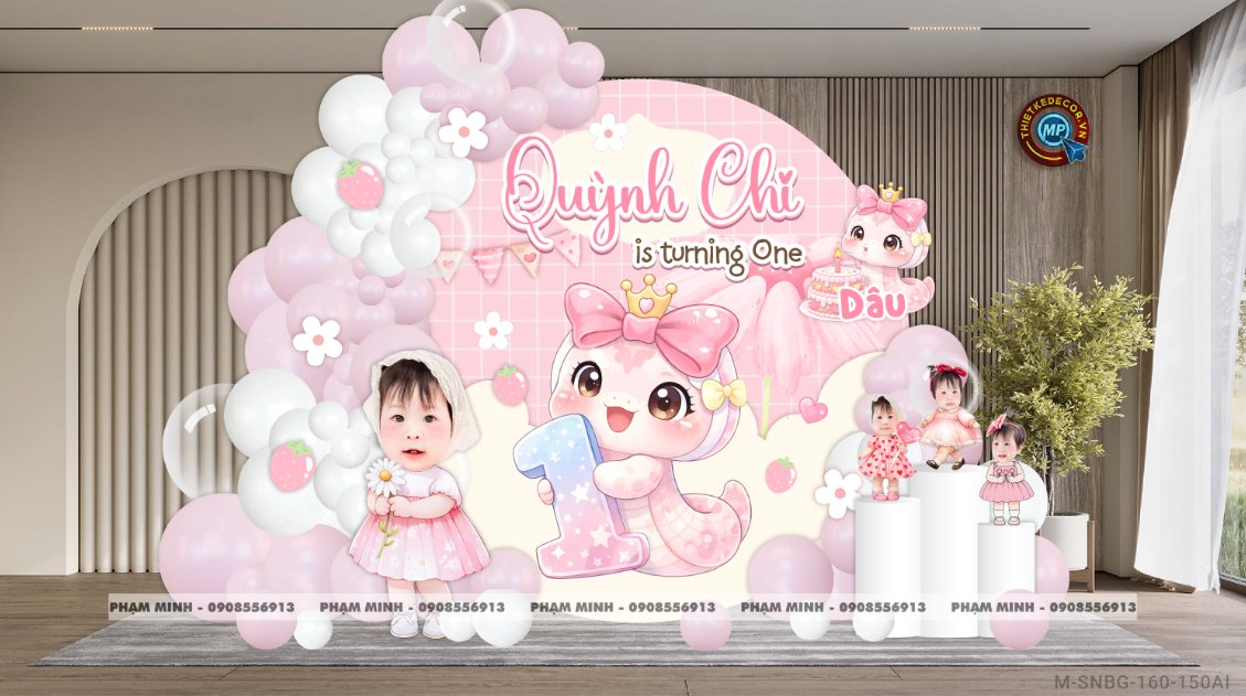 File thiết kế sinh nhật bé gái 1 tuổi rắn tỵ tone hồng decor trang trí bong bóng đáng yêu dễ thương sang trọng