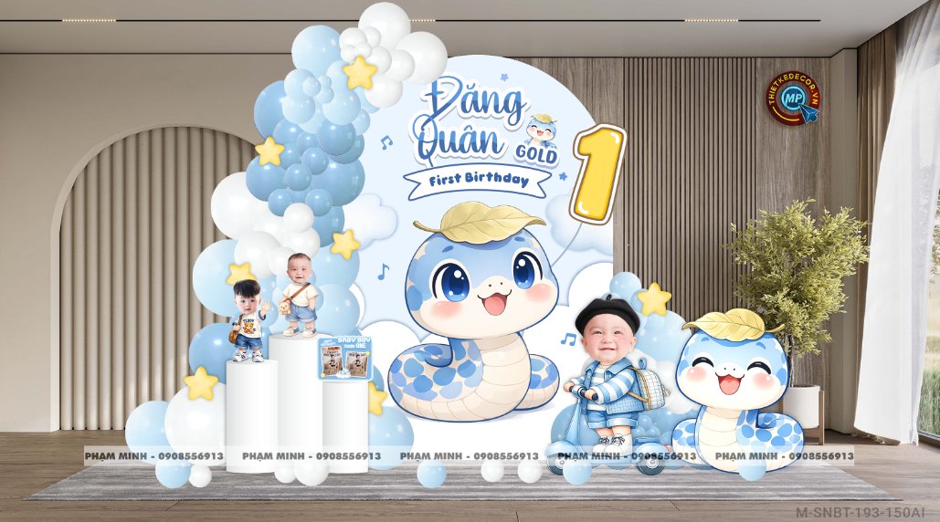 File thiết kế sinh nhật bé trai 1 tuổi rắn tỵ decor trang trí bong bóng tone xanh da trời cute dễ thương đáng yêu