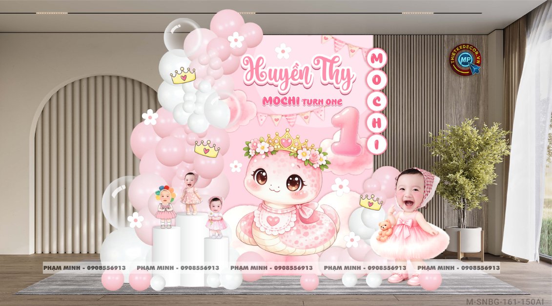 File thiết kế sinh nhật bé gái 1 tuổi rắn tỵ tone hồng decor trang trí bong bóng đáng yêu dễ thương sang trọng