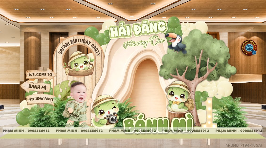 File thiết kế sinh nhật bé trai 1 tuổi rắn tỵ decor trang trí bong bóng tone xanh da lá cute dễ thương đáng yêu