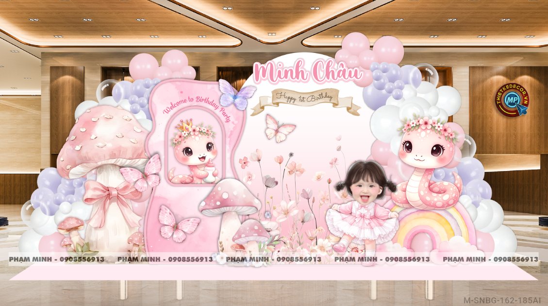 File thiết kế sinh nhật bé gái 1 tuổi rắn tỵ tone hồng decor trang trí bong bóng đáng yêu dễ thương sang trọng