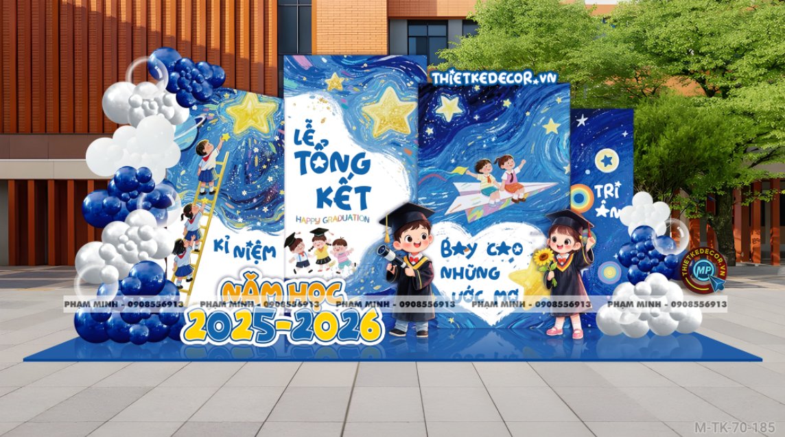 File thiết kế decor trang trí lễ tổng kết năm học tiểu cảnh trang trí bong bóng chụp ảnh kỷ yếu cho các bé trường mầm non, tiểu học dễ thương sang trọng đáng yêu tone xanh da trời
