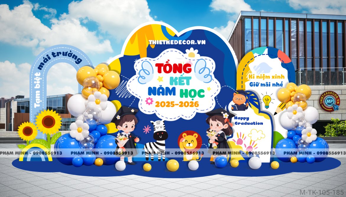 File thiết kế decor trang trí lễ tổng kết năm học tiểu cảnh trang trí bong bóng chụp ảnh kỷ yếu cho các bé trường mầm non, tiểu học dễ thương sang trọng đáng yêu tone xanh da trời