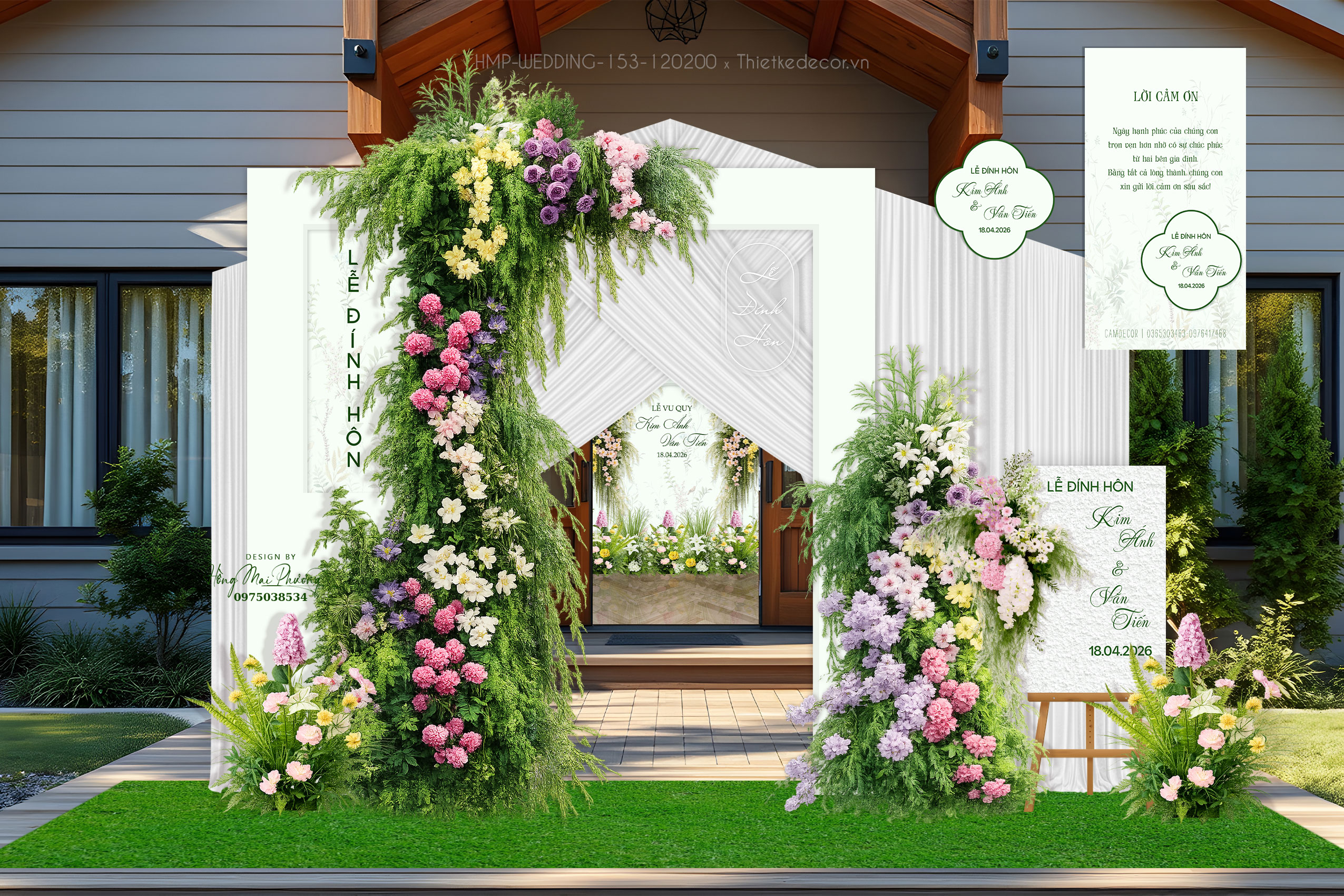 File thiết kế trang trí background tiệc cưới- Cổng cưới mix hoa tone trắng- xanh lá kèm tem nước và tag bàn