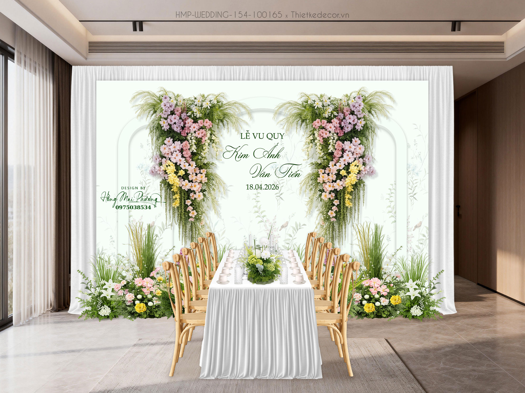 File thiết kế trang trí background tiệc cưới- Gia tiên mix hoa tone trắng và xanh lá, in chìm họa tiết hoa lá