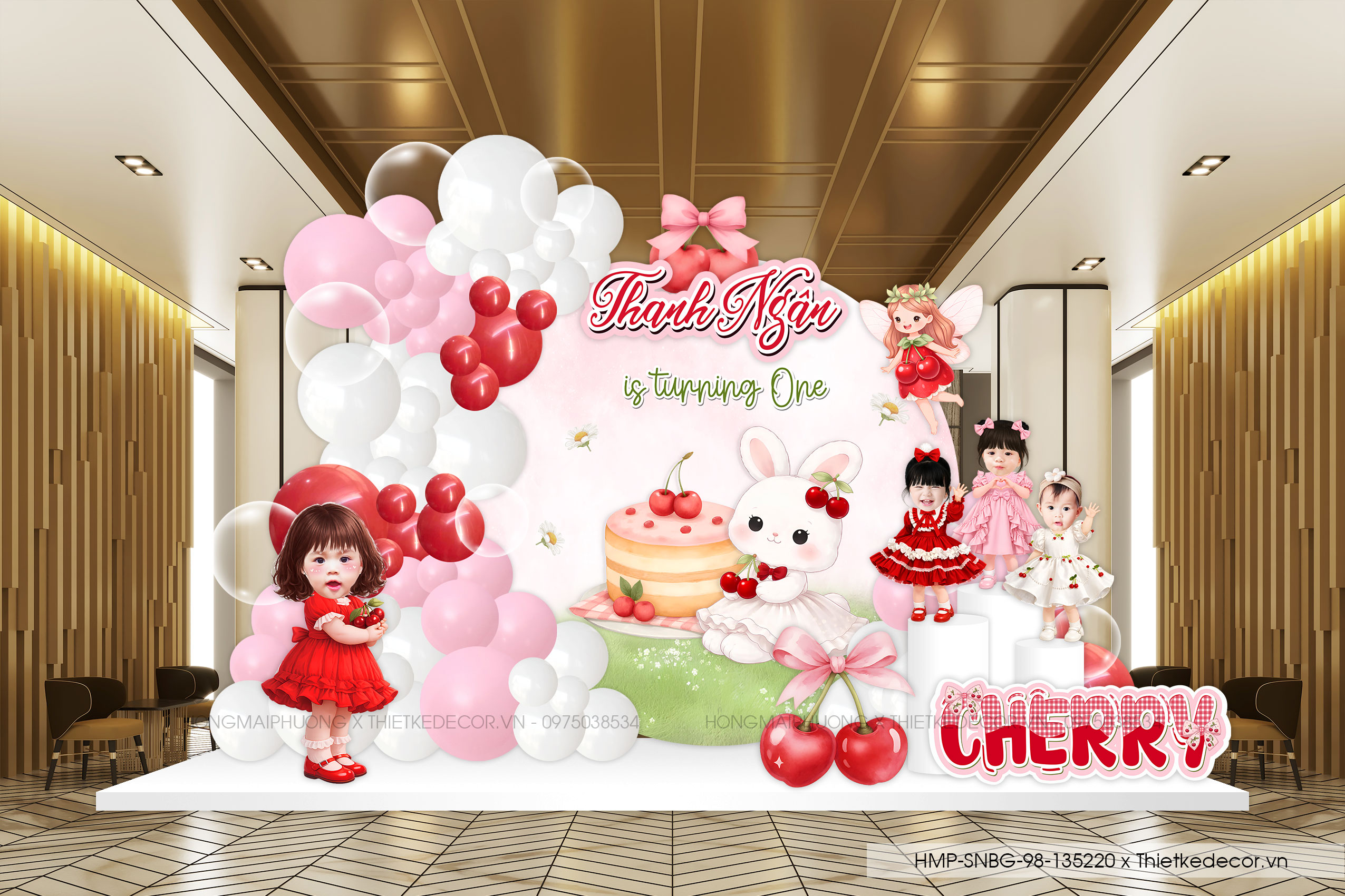 File thiết kế decor trang trí tiệc sinh nhật bé gái mix bong bóng cute dễ thương đáng yêu tone đỏ hồng chủ đề quả Cherry