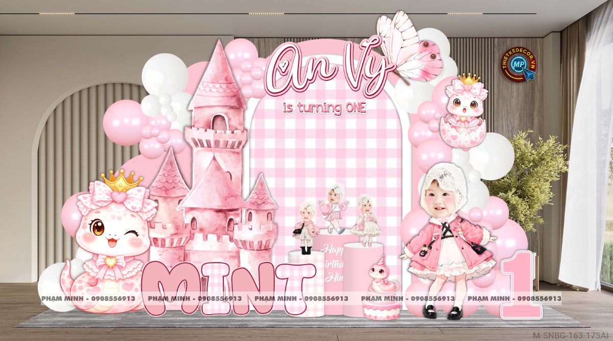 File thiết kế sinh nhật bé gái tuổi rắn - tỵ 1 tuổi cute đáng yêu dễ thương chủ đề lâu đài; Sinh nhật tone hồng; Sinh nhật tuổi rắn tone hồng; Sinh nhật bé gái tone hồng