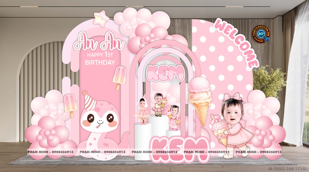 File thiết kế sinh nhật bé gái tuổi rắn - tỵ 1 tuổi cute đáng yêu dễ thương chủ đề kem; Sinh nhật tone hồng; Sinh nhật tuổi rắn tone hồng; Sinh nhật bé gái tone hồng