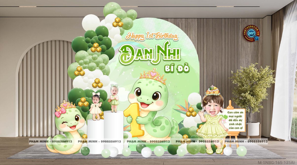 File thiết kế sinh nhật bé gái tuổi rắn - tỵ 1 tuổi cute đáng yêu dễ thương; Sinh nhật tone xanh lá; Sinh nhật tuổi rắn tone xanh lá; Sinh nhật bé gái tone xanh lá