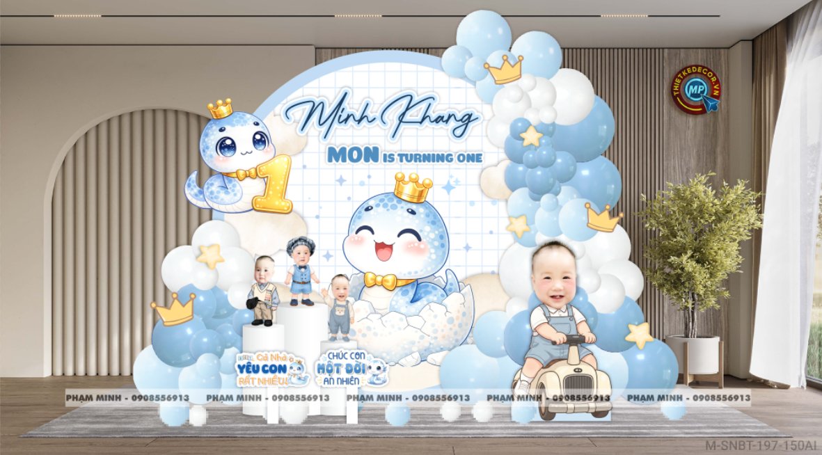 File thiết kế sinh nhật bé trai tuổi rắn tone xanh ; Sinh nhật bé trai tone xanh; Sinh nhật 1 tuổi tone xanh cute đáng yêu dễ thương.