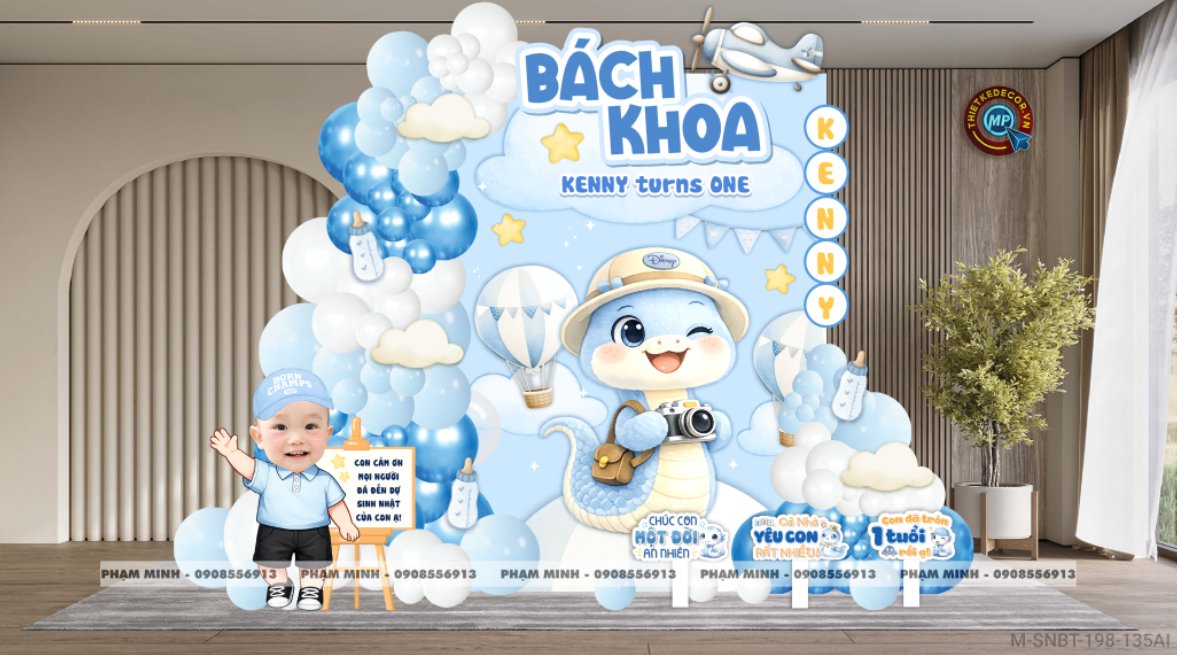 File thiết kế sinh nhật bé trai tuổi rắn tone xanh ; Sinh nhật bé trai tone xanh; Sinh nhật 1 tuổi tone xanh cute đáng yêu dễ thương.