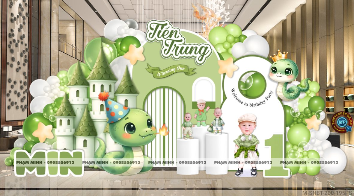 File thiết kế sinh nhật bé trai tuổi rắn tone xanh lá cây ; Sinh nhật bé trai tone xanh lá; Sinh nhật 1 tuổi tone xanh lá cute đáng yêu dễ thương.
