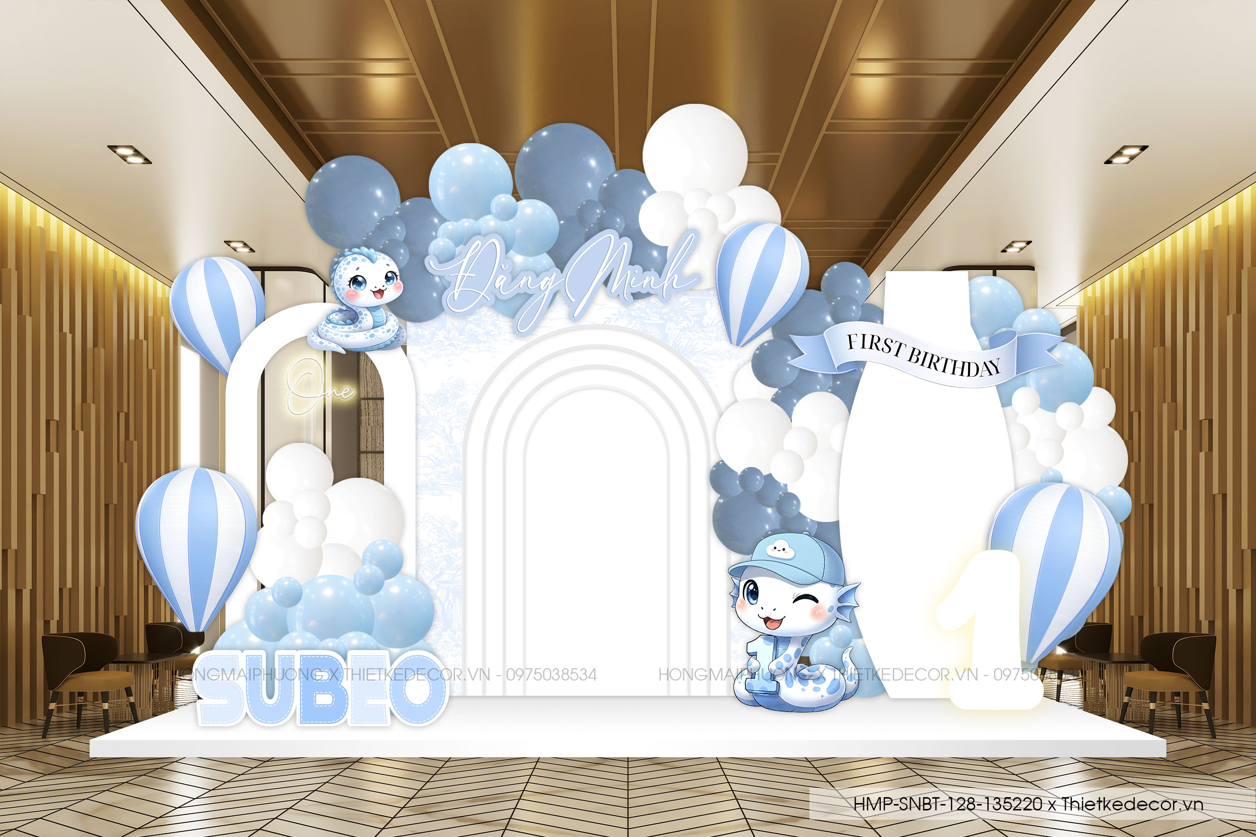 File thiết kế decor trang trí tiệc sinh nhật bé trai tuổi rắn mix bong bóng cute dễ thương đáng yêu tone xanh