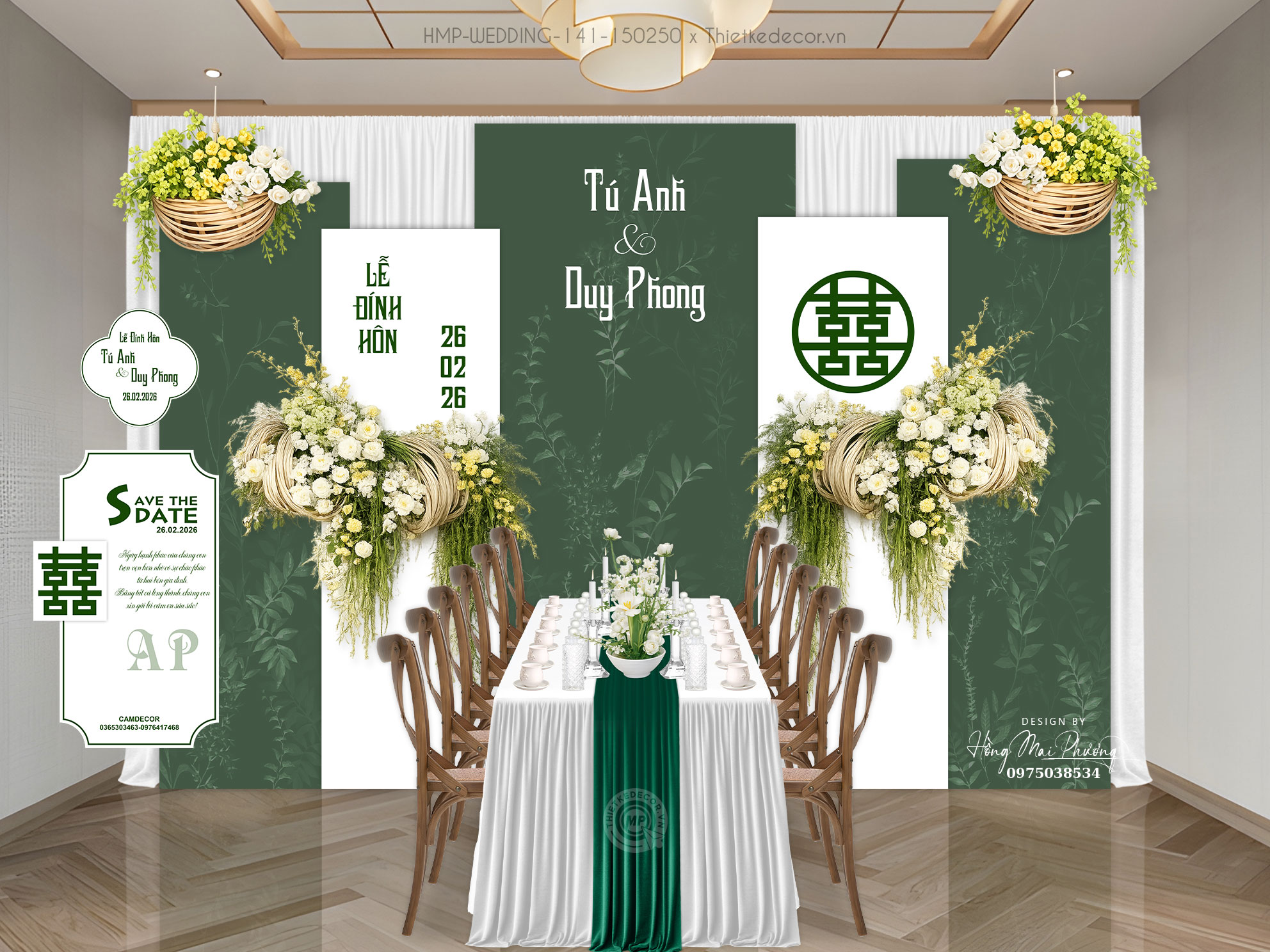 File thiết kế Gia tiên, trang trí tiệc cưới đẹp toen trắng mĩ xanh lá in họa tiết
